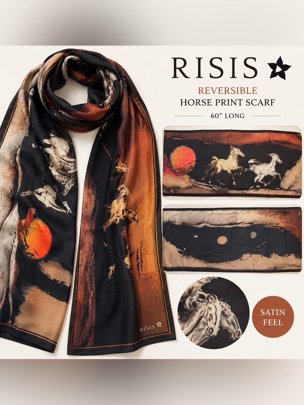 Risis Reversible Horse Print Scarf Shawl Satin Feel Equestrian 60” Wrap